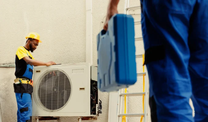 engineer-arriving-location-help-apprentice-mend-busted-electric-coils-damaged-external-air-conditioner-technicians-comissioned-prevent-internal-parts-breakdowns-ensuring-timely-repair.v5